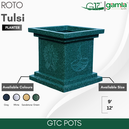 GTC Gamla Roto Tulsi planter, square green textured pot with leaf and flower design, sizes 9' and 12', colors grey white sandstone green